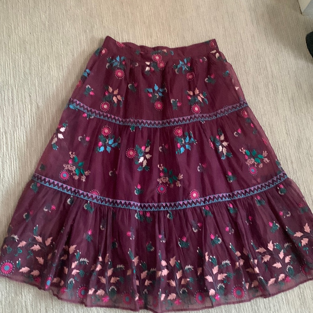 with tags, never worn, XL, floral, purple/plum green, pink and blue embroidery.